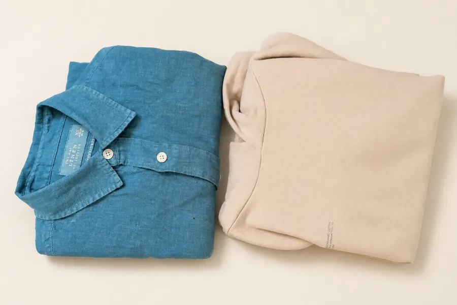 A blue shirt and cream hoodie