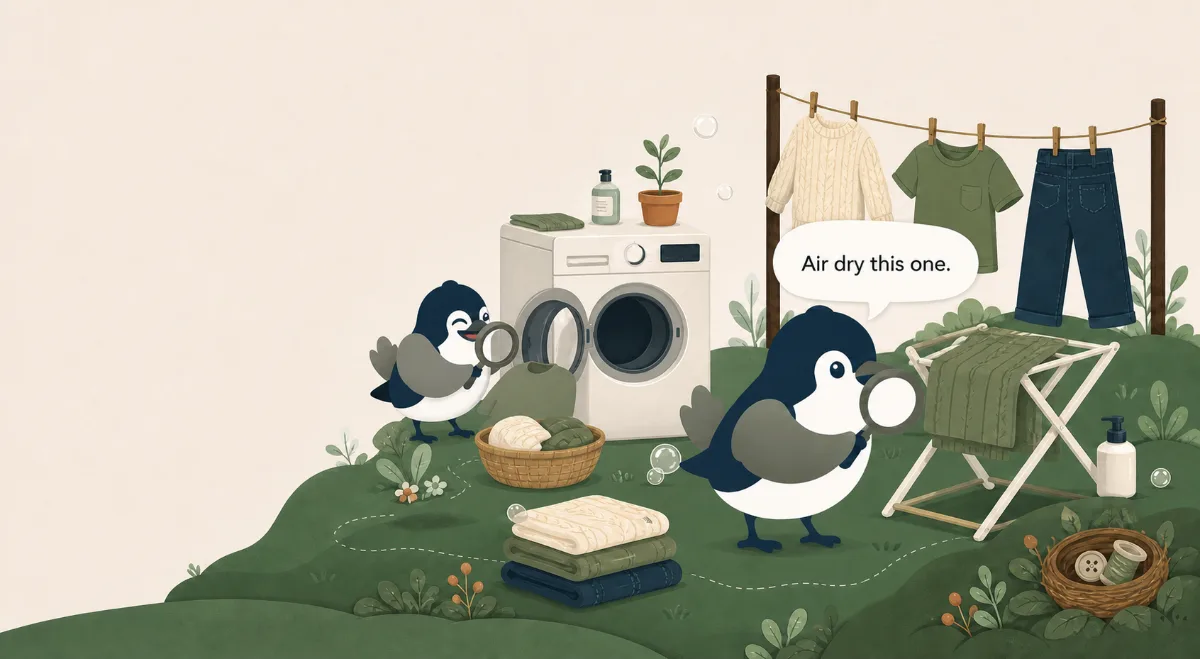 Loomy’s miniature laundry world with the washing-machine and magnifier poses, a clothesline, drying rack and tailorbird nest