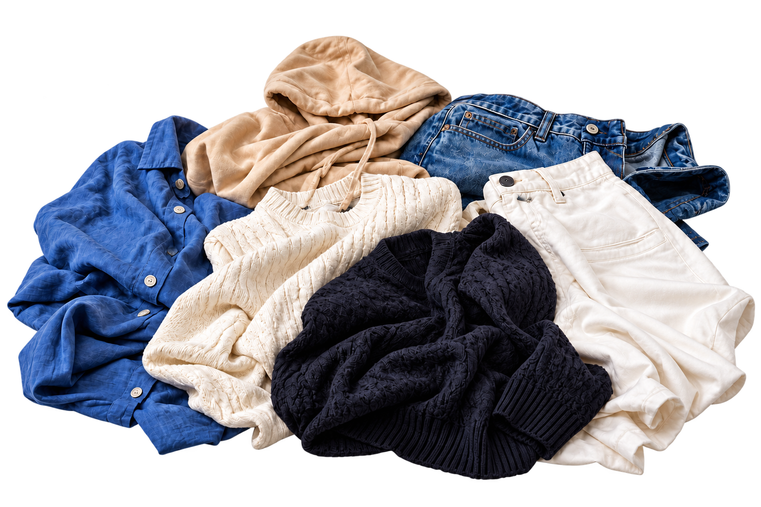 Blue linen, cream cotton, knitwear, denim and white trousers in a naturally arranged laundry pile