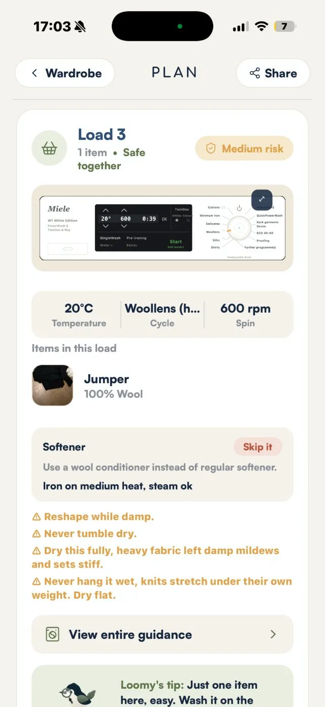 The Lavo wash plan with a dedicated wool-care load